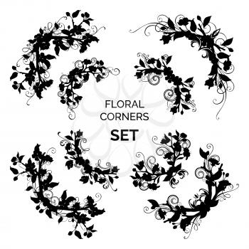 Silhouettes of flowers and leaves on tree branches. Hand-drawn flourishes. Isolated on white background.