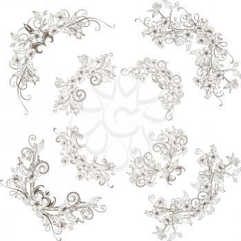 Outlined ornament of flowers and leaves on tree branches. Hand-drawn flourishes.