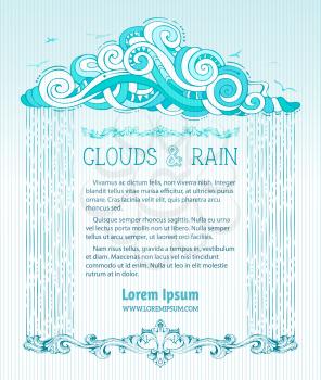 Frame of doodles cloud and hand-drawn rain on light background. There is copy space for your text in the center.
