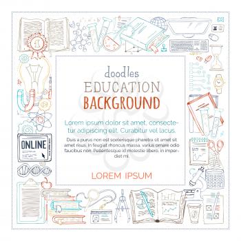 Elements and symbols on white background. Laptop, documents, gadgets, office stationery and lab equipment. There is copy space for your text in the center.