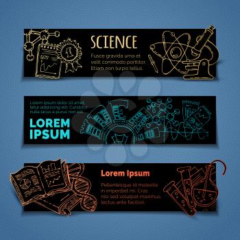 Dna, molecules, books, test-tubes, microscope and other objects on black background. Chemistry and laboratory research elements and symbols.