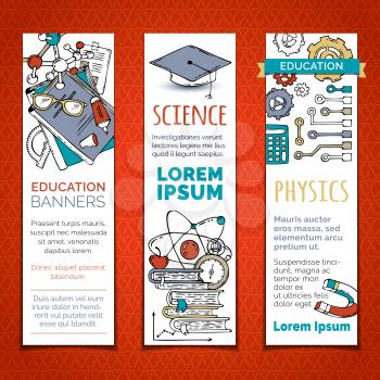 Science, chemistry, physics and laboratory research elements and symbols. Molecules, books, gears, PCB and other objects.
