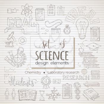 Chemistry and laboratory research symbols. Dna, molecules, books, test-tubes, microscope and others on vintage background. Scene creator items.