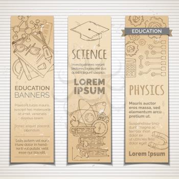 Education, chemistry, physics and laboratory research elements and symbols. Molecules, books, gears and other objects.