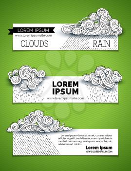 Hand-drawn ornate clouds, rain drops, curls, swirls and spirals. There is copy space for your text on white background.