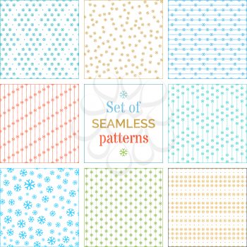 Colourful snowflakes on white background. Vector winter boundless backgrounds.