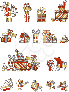 One, two and more presents. A heap of gift boxes. Hand-drawn icons isolated on white background. Red, gold, grey and white design elements.