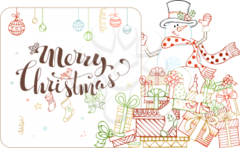 Linear snowman on a heap of various gifts. There is copy space for your text on white background.