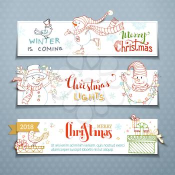 Outlined Christmas lights and gifts, bird, skates, snowflakes and stars. Copy space for your text.