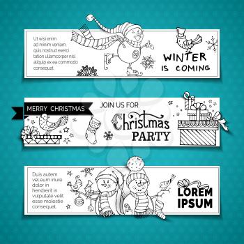 Cute hand-drawn snowmen with skates, Christmas baubles and sock, birds. Gift boxes, snowflakes and stars. Black and white backgrounds.