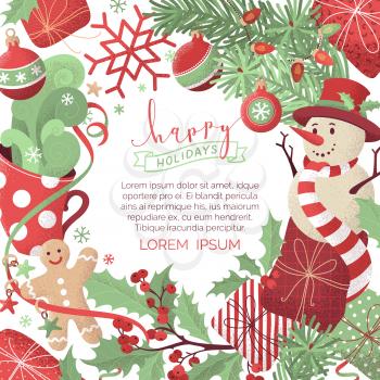 Hand-drawn stipple texture. Snowman, gingerbread man, mistletoe, gifts, cup of cocoa, spruce branches with baubles. Happy holidays flat card template.