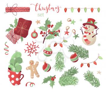Hand-drawn noise texture. Snowman, gingerbread man, mistletoe, gifts, cup of hot cocoa, spruce branches with baubles. Red and green happy New Year set.