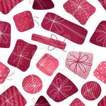 Pink presents with stipple texture on white background. Hand-drawn tileable illustration. Christmas or Birthday flat boundless background.