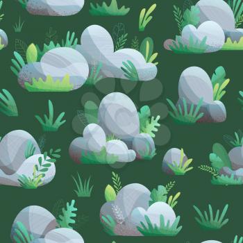 Grey rocks with grass and leaves on dark green background. Flat illustration with modern noise texture, lights and shadows. Nature boundless background.
