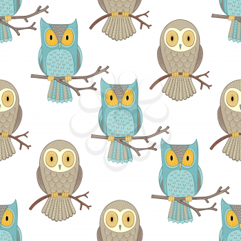 Cute cartoon owls on white background. Vector boundless background for your design.