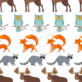 Moose, fox, raccoon and owl in cartoon style. Boundless background for your design.