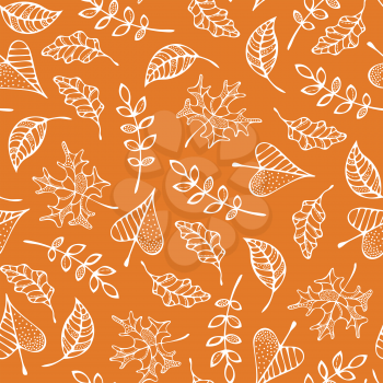 White linear maple, oak, rowan, ash and linden leaves on colored background. Fall boundless background. Tileable elements.