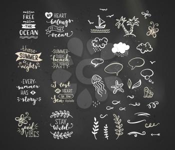 Brush lettering design and doodle illustrations for poster, mug, bag, card or t-shirt design. Dark blackboard background.