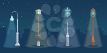 Four street lamps on dark background. Flat illustration with modern grain texture, lights and shadows.