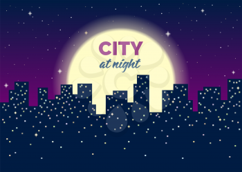 Silhouettes of houses, lights in windows, moon and stars in the sky. Dark blue background. Vector flat illustration with noise texture. There is copy space for your text.