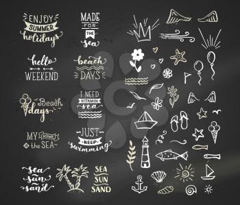 Unique calligraphic quotes and phrases written by brush on dark blackboard background. Hand-drawn doodle clipart elements.