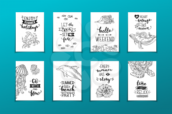 Vector unique calligraphic quotes and phrases written by brush. Wild underwater animals, fish and plants. Ready-to-use black and white prints.