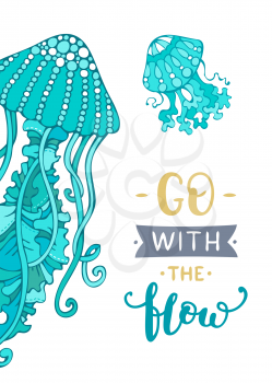 Blue jellyfish on white background. Unique calligraphic phrase written by brush. Wild underwater life. Ready-to-use vector print for your design.