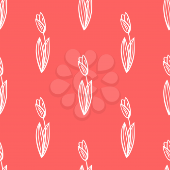 White linear tulips on a red background. Boundless background for your spring design.