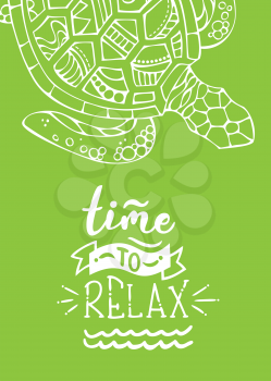 White outline turtle on bright green background. Unique calligraphic phrase written by brush. Wild life. Ready-to-use vector print for your design.