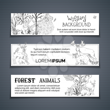 Doodles forest animals. Deer, fox, rabbit, raccoon, squirrel, bird, elk and bear. Rain cloud, tree and bush. Black and white contour illustration.