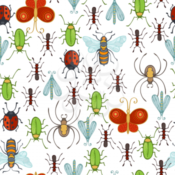 Cartoon bee, red butterfly, spider, wasp, ant, ladybird, moth, green beetle on white background. Hand-drawn boundless background.