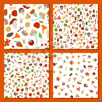 Tree branches, autumn leaves, mushrooms, fir-cones, maple seeds, apples, rowan berries, flowers, acorns and chestnuts. Cartoon boundless backgrounds.