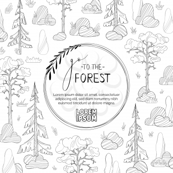 Сontours of coniferous trees on a white background. Pines, spruces and cypress, stones and grass. Round frame for you text. Can be used for a coloring book for adults.