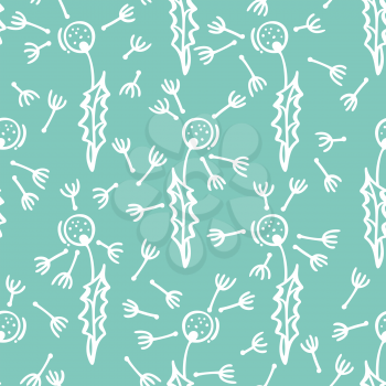 Outlined white flowers and leaves on a light blue background. Summer boundless background for your summer design.