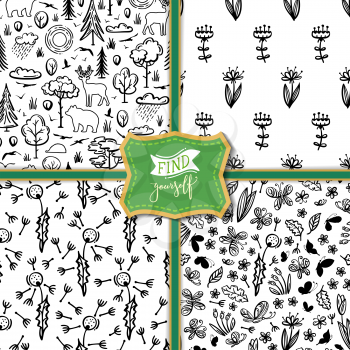 Linear trees and bushes, wild deer, bear, hedgehog, flowers and butterflies. Black and white boundless backgrounds for your design.