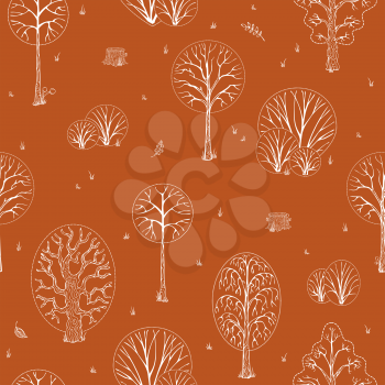Linear white autumn trees, bushes and stumps. Autumn leaves, grass, seeds and mushrooms on colored background. Outline boundless background.