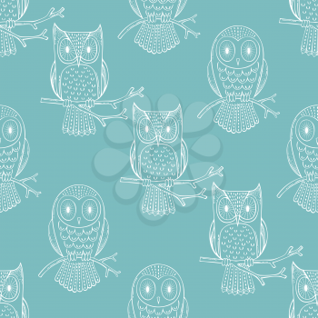 White outline owls on blue background. Vector boundless background for your design.