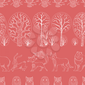 White outline wild animals and birds on colored background. Fox, bear, hare, wolf and owls. Trees and bushes. Duotone repeating tiles.
