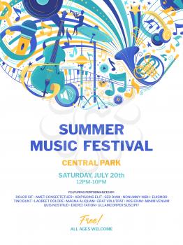 Summer open air music festival flat poster template. Jazz and blues concert web banner. Modern and retro musical instruments doodle drawings. Rock and roll band performance advertising brochure