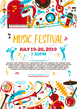 Music festival flat vector poster template. Jazz day, blues concert web banner with text space. Trumpet and sax players silhouettes illustration. Rock and roll band performance advertising brochure
