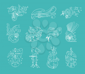 Musical instruments outline vector illustrations set. Percussion, woodwind and string instruments white line art on blue background. Trumpet, saxophone, guitar, drum cymbals isolated cliparts