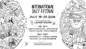 International jazz festival web banner outline vector template. Blues singers and famous artists concert announcement poster with text space. Rock and roll music party. Musical instruments line art