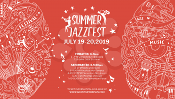 Summer jazz fest web banner outline vector template. Blues evening advertisement poster layout. Singers and famous artists concert announcement. Retro and modern musical instruments chalk line art