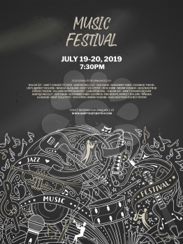 Music festival vector poster template. Live performance, show, summer festival information brochure with text space. Musical instruments chalk thin line illustration on blackboard background