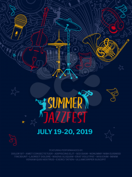 Jazz music night event poster vector outline template. Summer jazzfest flyer layout. Classical music concert web banner with text space. Woodwind orchestra performers silhouettes illustration