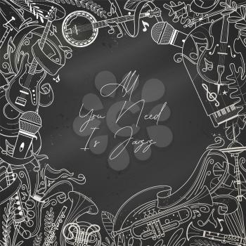 Musical instruments chalk outline illustration with text space. Music school and courses social media banner template. Electric and acoustic instruments white line art on blackboard drawing