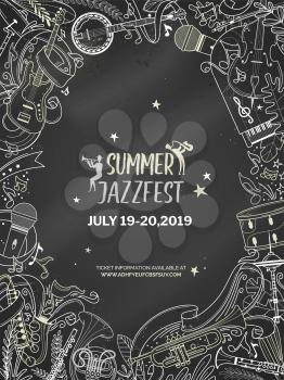 Summer jazzfest vector poster template. Classical music awards ceremony flyer layout. Live performance, show, summer festival information brochure with text space. Microphone, trumpet, drum line art