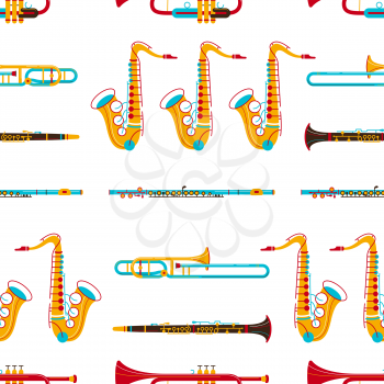 Brass instruments vector seamless pattern. Clarinet, trombone, saxophone texture. Woodwind musical instruments. Jazz concert, rock performance, music festival, classical orchestra background