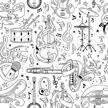 Musical equipment hand drawn outline seamless pattern. Trumpet, microphone line art texture. Black contour string, brass instruments on white background. Performance, rock concert textile design
