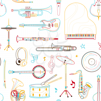 Orchestra instruments hand drawn outline seamless pattern. Banjo, saxophone, piano line art texture. Colorful contour brass instruments on white background. Music festival vector design